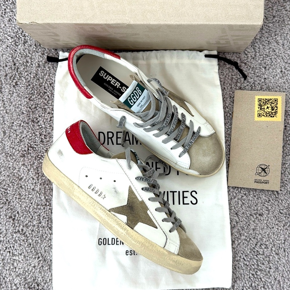 Golden Goose Superstar White and Red Sneakers